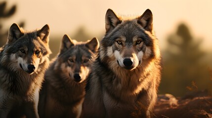  A pack of wolves in the woods, sunlight, bright lighting