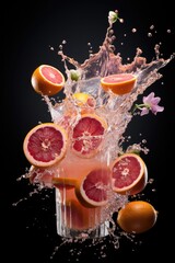 Wall Mural - Grapefruit juice splashing along side with fruits on black background still life.