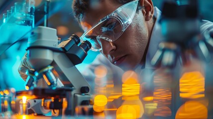 Intense focus is evident on the face of a scientist using a microscope amidst the vibrant glow of a busy research laboratory.