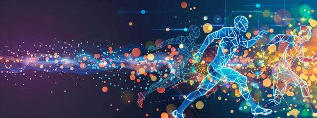 Poster - Sports performance analytics, dynamic athlete figures with stats bubbles, energetic, space for text