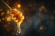 Honey dipper with dripping honey and glittering backdrop. banner with copyspace