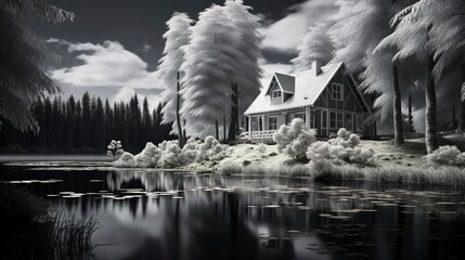 A photo of a Serene Cottage in Black and White