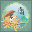 Ching Ming Festival or Tomb-Sweeping Day,Girl holding umbrella with flowers Miss the deceased to pay respect. Rainy day, spring landscape vector illustration. (text: Ching Ming festival)