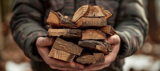 A bundle of firewood in the hands of a man. Firewood for the fireplace