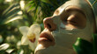 a rejuvenating facial mask being applied to a serene face, surrounded by botanical elements and soft lighting 