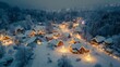 Winter wonderland from above, drone photography of a snow-covered village with twinkling lights, cozy atmosphere, holiday season theme.