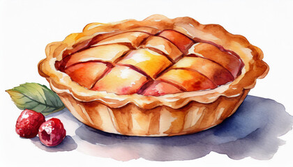 Watercolor illustration of homemade pie on white background. Tasty food. Delicious dessert.