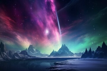 Wall Mural - a view of a distant planet with a bright, colorful aurora in the sky
