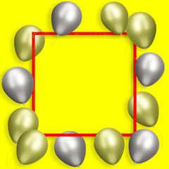 Aufkleber - Red frame with gold and silver balloons on yellow background. Empty space for text. 3d rendering