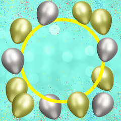 Aufkleber - Golden frame with gold and silver balloons on blurred green background. Empty space for text. 3d rendering