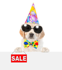 Aufkleber - Golden retriever puppy wearing tie bow and party cap shows signboard with labeled 