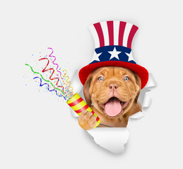 Aufkleber - Happy Mastiff puppy wearing like Uncle Sam explodes a firecracker through the hole in white paper.  4th of July concept