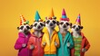 A bunch of meerkats wearing colorful, stylish clothing are isolated on a solid background for an advertisement with copy space. birthday celebration invitation banner Illustrations .