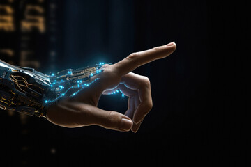 Wall Mural - Cyborg hand touching virtual screen with finger on dark background