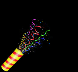 Aufkleber - Party popper with flying confetti. Yellow and red firecracker explodes with serpentine on black background. Birthday and anniversary banner with empty space for text. 3d render