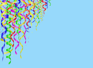 Aufkleber - Holiday Curly colorful shiny streamer on blue background. Hanging celebration carnival ribbons. Empty space for text