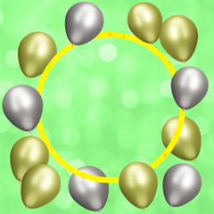 Aufkleber - Golden frame with gold and silver balloons on blurred green background. Empty space for text. 3d rendering