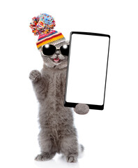 Poster - Happy cat wearing warm knitted hat with pompon and sunglasses holding smartphone with white blank screen in it paw. Isolated on white background