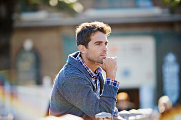 Poster - Thinking, question and man outdoor in city for inspiration, remember and daydreaming. Morning, thoughts and male person in winter clothing for trendy style, perspective and relax in urban town