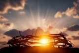 Fototapeta Mapy - Crown of thorns of Jesus Christ in sunset background