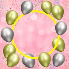 Aufkleber - Golden frame with gold and silver balloons on blurred pink background with confetti. Empty space for text. 3d rendering