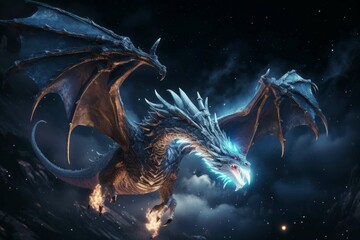 Wall Mural - a dragon flying in the night sky, with stars and a magical aura surrounding it