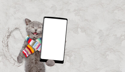Poster - Funny cat wearing warm knitted scarf making snow angel while lying on snow and holding smartphone with white blank screen in it paw. Empty space for text