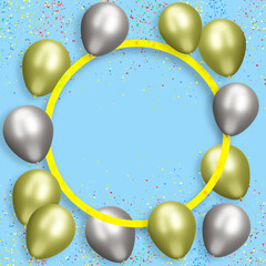Aufkleber - Golden frame with gold and silver balloons on blue background with confetti. Empty space for text. 3d rendering