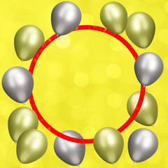 Aufkleber - Red frame with gold and silver balloons on blurred yellow background. Empty space for text. 3d rendering