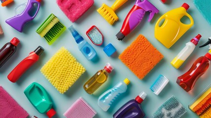 A collection of cleaning products and tools in various containers, promoting hygiene and cleanliness for household chores.