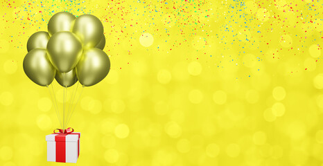 Aufkleber - flying gift box with yellow balloons on blurred yellow background with confetti. Empty space for text. 3d rendering