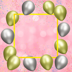 Aufkleber - Yellow frame with gold and silver balloons on blurred pink background. Empty space for text. 3d rendering