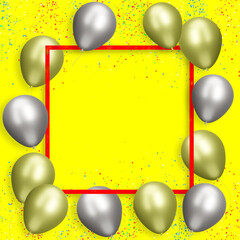 Aufkleber - Red frame with gold and silver balloons on yellow background with confetti. Empty space for text. 3d rendering