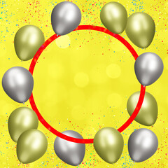 Aufkleber - Golden frame with gold and silver balloons on blurred yellow background with confetti. Empty space for text. 3d rendering