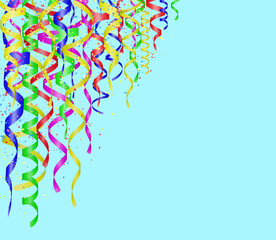 Aufkleber - Holiday Curly colorful shiny streamer on blue background. Hanging celebration carnival ribbons. Empty space for text