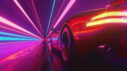 Sticker - Speeding Sports Car On Neon Highway