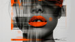 mixed media photography, fusing photography, articulating the progression of an editorial portrait through the phases , film noir, black and white, low key, neon orange lips