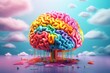 A detailed illustration of a brain with a colorful rainbow