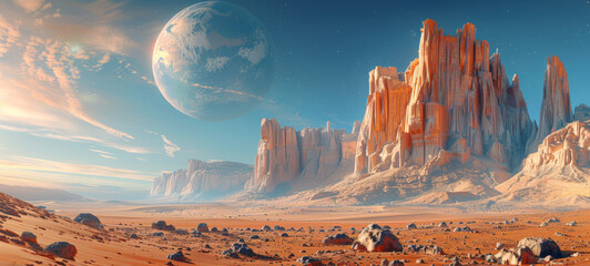 Wall Mural - Breathtaking alien landscape with towering rocky formations, vast desert floor, and a large planet visible in the sky.
