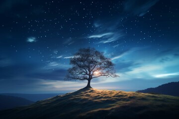 Wall Mural - tree on a hill with starry sky