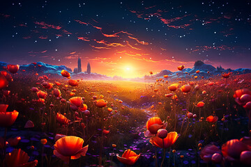 Wall Mural - a field of flowers with a single red flower in the middle.