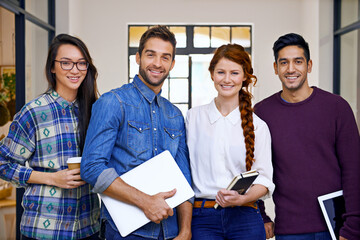 Fototapete - Happy, team and portrait in office for creative career in web development with laptop or technology to design websites or apps. Men, women and together for collaboration for company or agency.