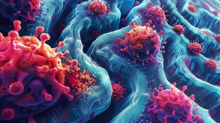 Wall Mural - A digital art piece showing a maze within the body, where immune cells navigate obstacles powered by vitamin boosts