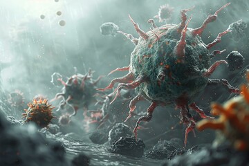 Wall Mural - A creative depiction of immune cells as warriors in an epic battlefield, defending against viral invaders