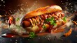 A freshly made hotdog sandwich with spices and ingredients in mid-air, ideal for enticing fast food advertisements and menus.