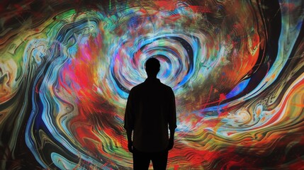 Fototapete - A lone silhouette stands before a vibrant swirl of colors, creating an abstract and mesmerizing visual experience