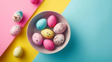 Wall Mural - Easter eggs delight: vibrant colors on a festive background, top-down view