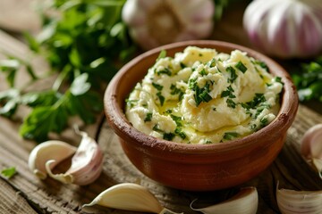 Wall Mural - A close-up shot of a bowl filled with mashed potatoes topped with garlic cloves, placed on a rustic wooden table