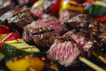 Wall Mural - A detailed view of assorted meats and vegetables cooking on a grill