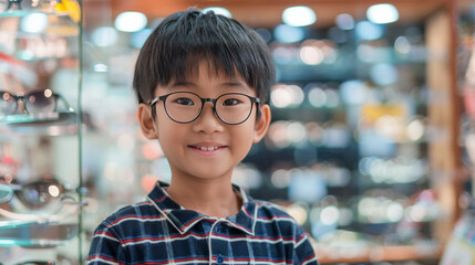 Wall Mural - A young Asian boy wearing glasses smiling as the child kid stands in front of a display case of glasses at an eye retail store